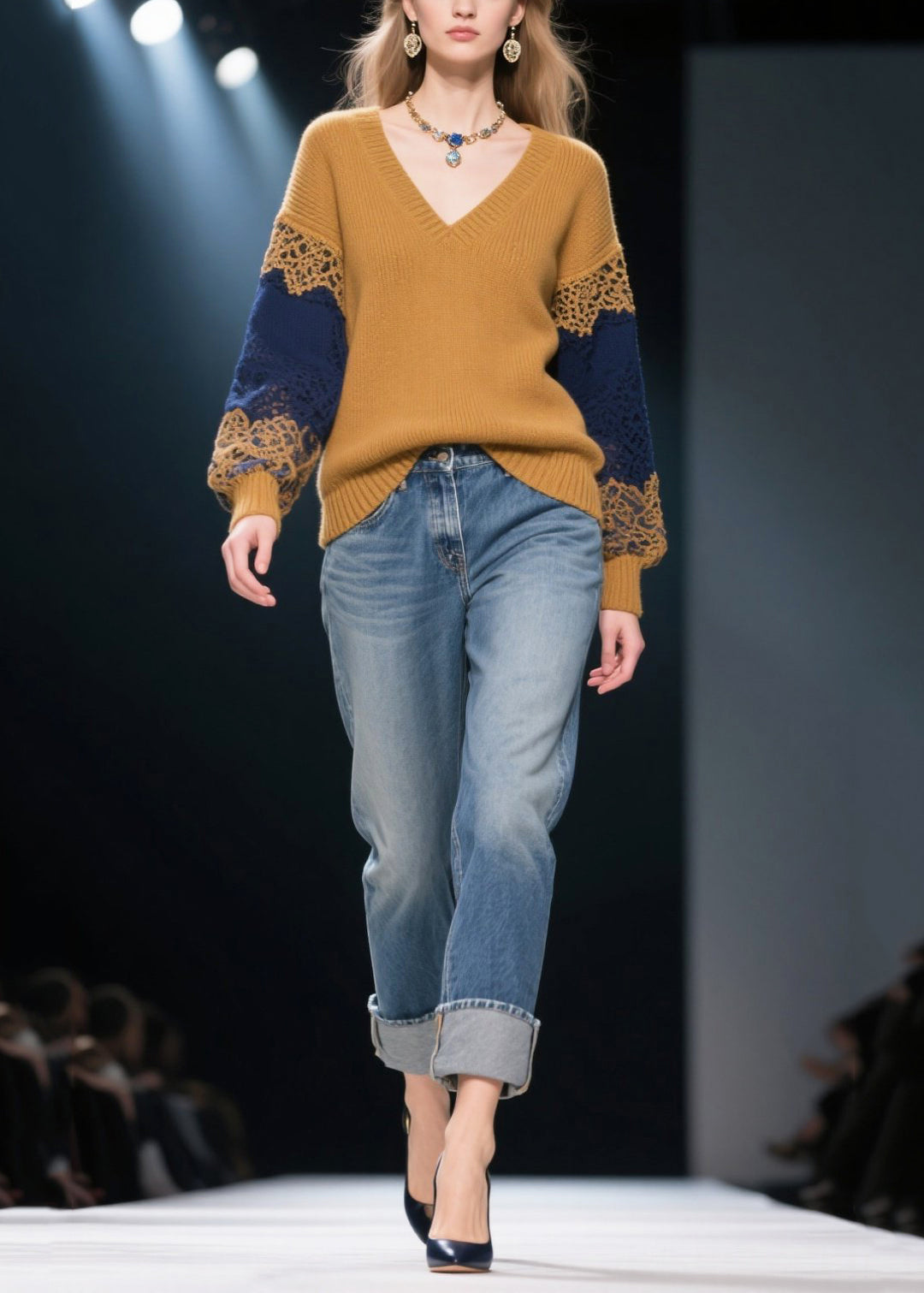Natural Brown V Neck Patchwork Lace Knit Pullover Winter