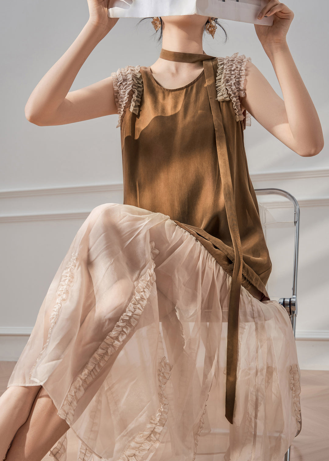 Natural Caramel O-Neck Ruffled Tulle Patchwork Maxi Dress Sleeveless