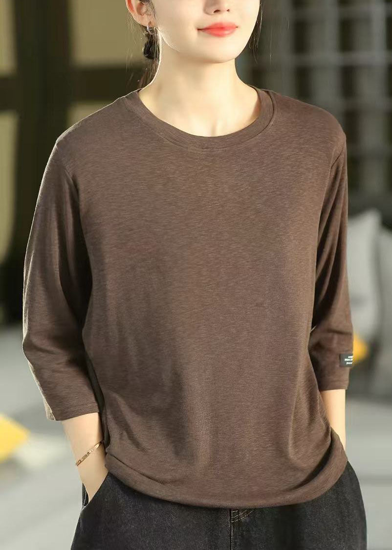 Natural Coffee O-Neck Cotton Blouses Bracelet Sleeve