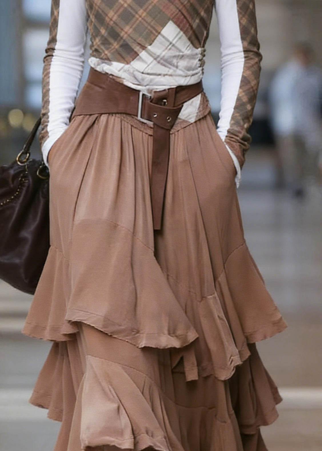 Natural Coffee Pockets Patchwork Ruffled Maxi Skirts Spring - Omychic