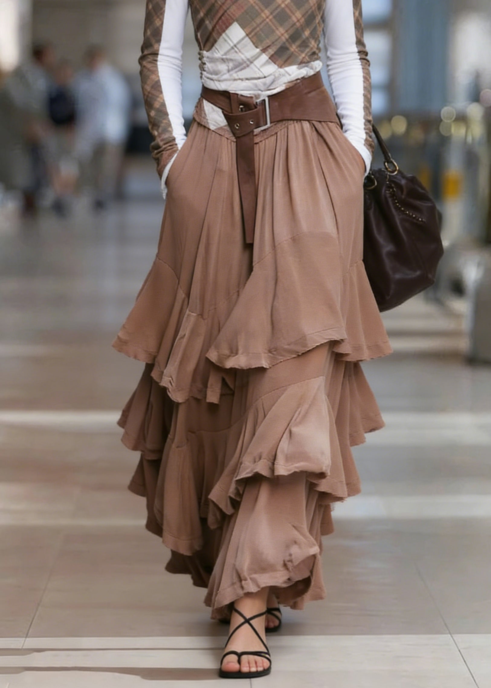 Natural Coffee Pockets Patchwork Ruffled Maxi Skirts Spring - Omychic