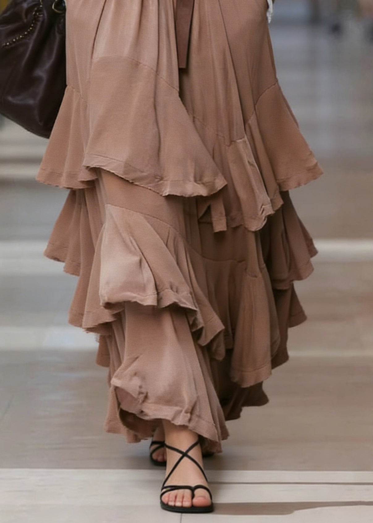 Natural Coffee Pockets Patchwork Ruffled Maxi Skirts Spring - Omychic