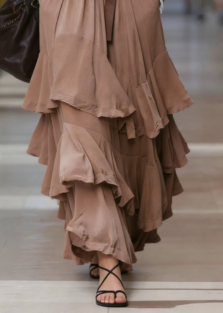 Natural Coffee Pockets Patchwork Ruffled Maxi Skirts Spring - Omychic