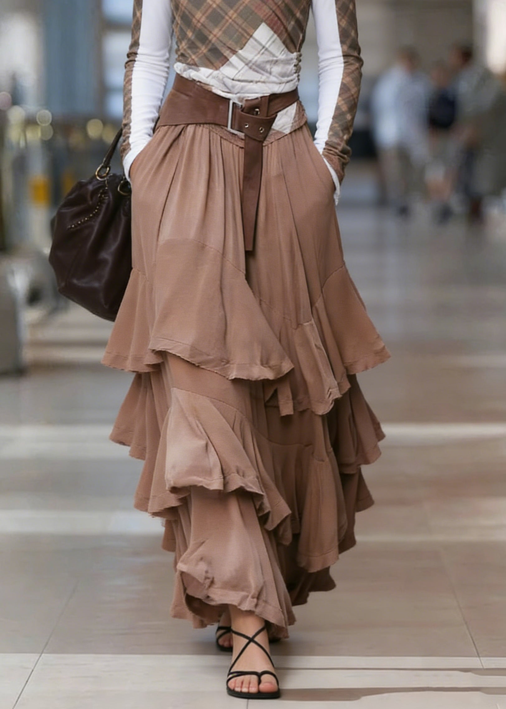 Natural Coffee Pockets Patchwork Ruffled Maxi Skirts Spring - Omychic