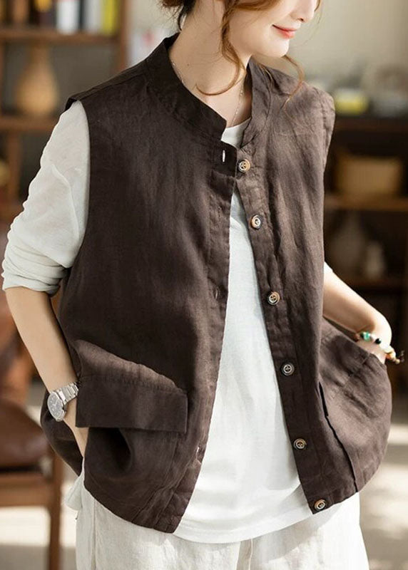 Natural Coffee Stand Collar Pockets Waistcoat Sleeveless