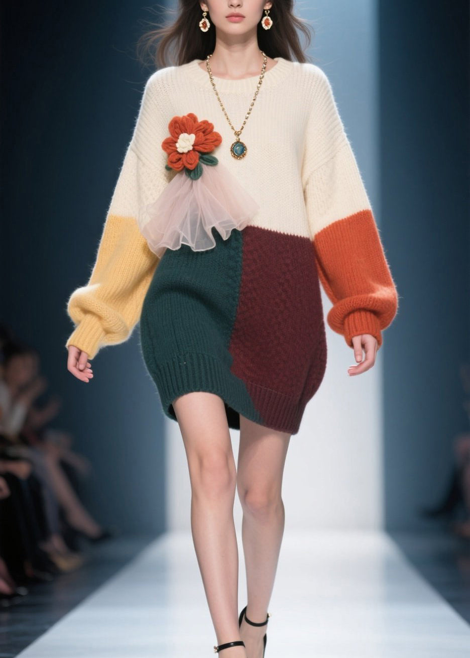 Natural Colorblock O Neck Floral Knit Sweater Dress Winter