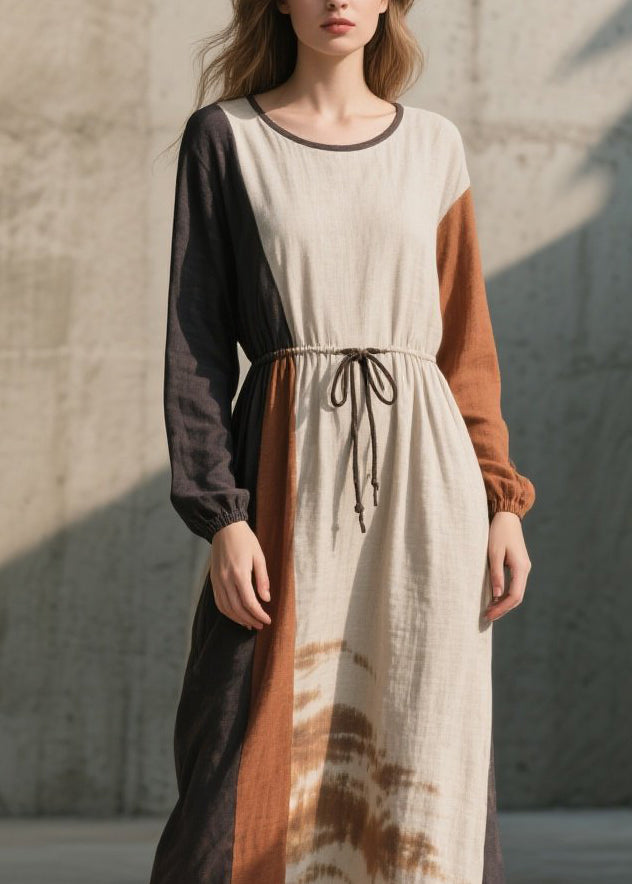 Natural Colorblock O Neck Lace Up Cotton Long Dress Fall