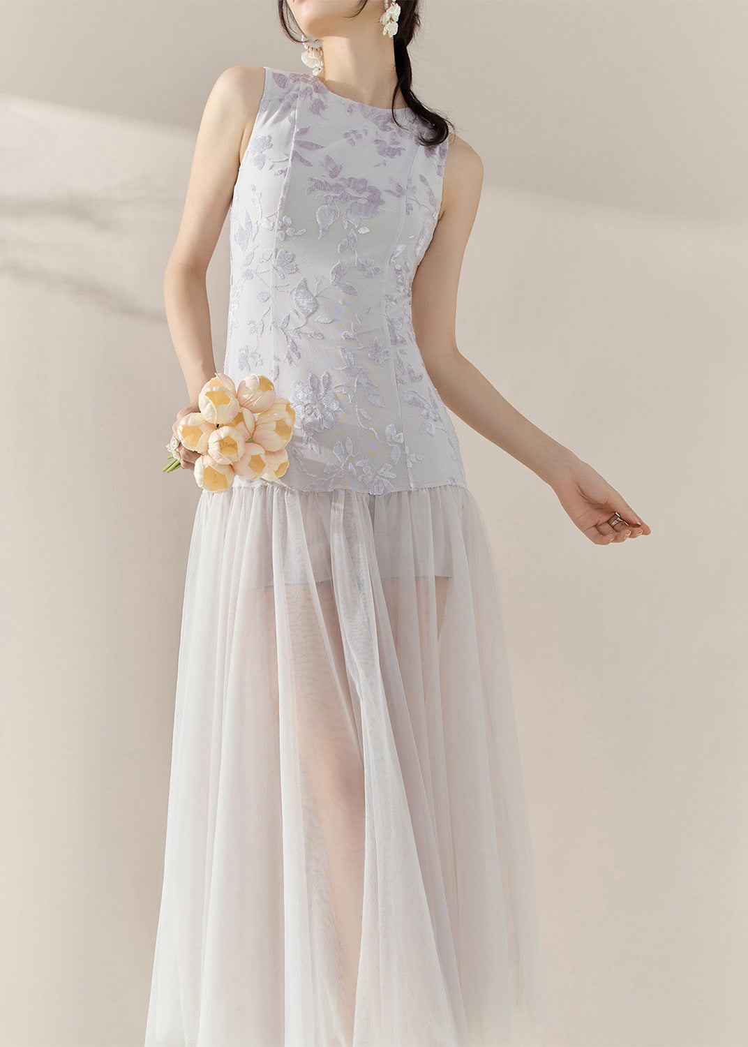 Natural Colorblock Print Tulle Patchwork Long Dress Sleeveless