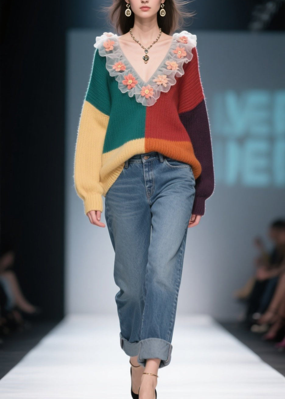 Natural Colorblock Ruffled Floral Knit Sweaters Winter