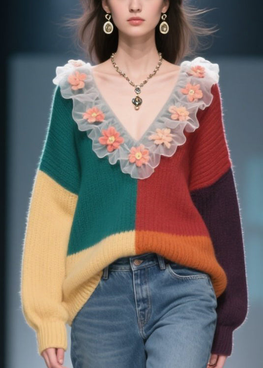 Natural Colorblock Ruffled Floral Knit Sweaters Winter