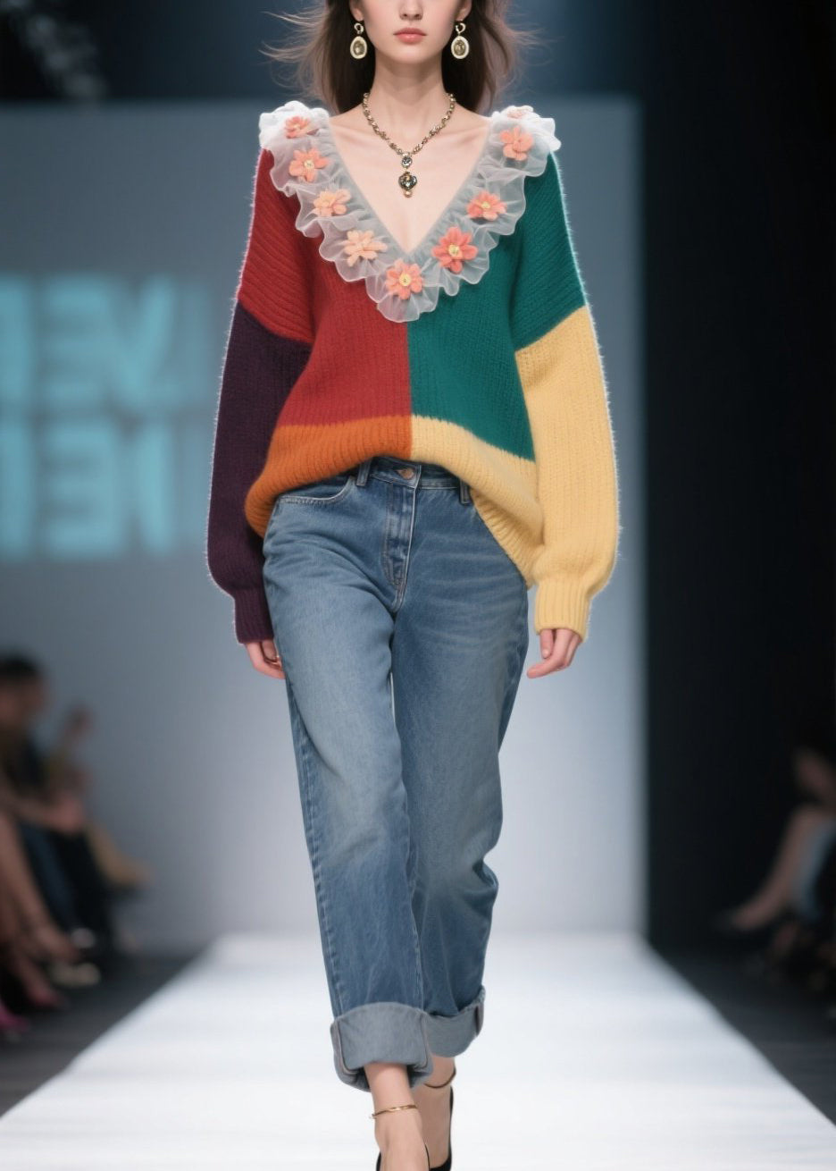 Natural Colorblock Ruffled Floral Knit Sweaters Winter