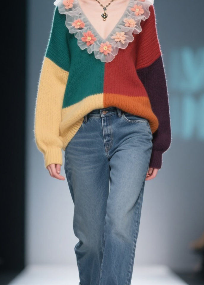 Natural Colorblock Ruffled Floral Knit Sweaters Winter