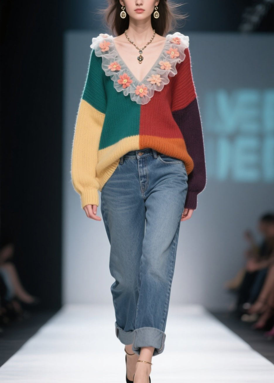 Natural Colorblock Ruffled Floral Knit Sweaters Winter