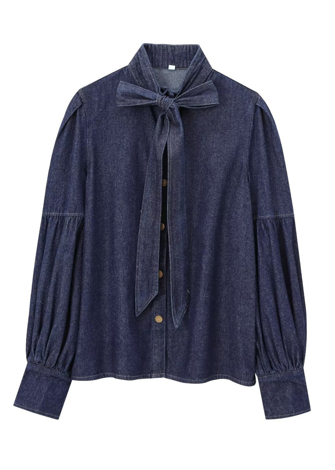 Natural Dark Blue Stand Collar Bow Patchwork Denim Shirt Spring
