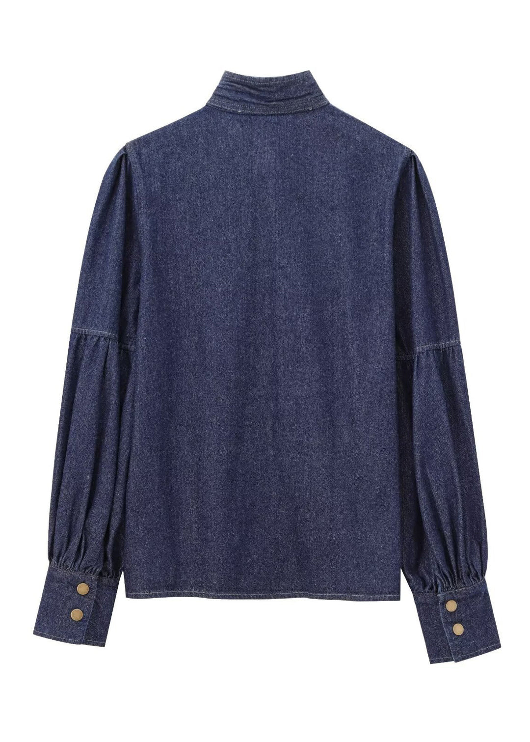 Natural Dark Blue Stand Collar Bow Patchwork Denim Shirt Spring