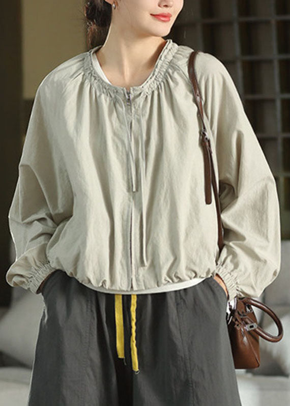 Natural Dark Grey O-Neck Zippered Ruffled Coats Fall