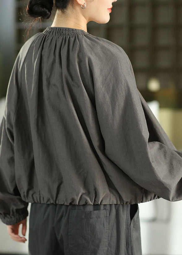 Natural Dark Grey O-Neck Zippered Ruffled Coats Fall