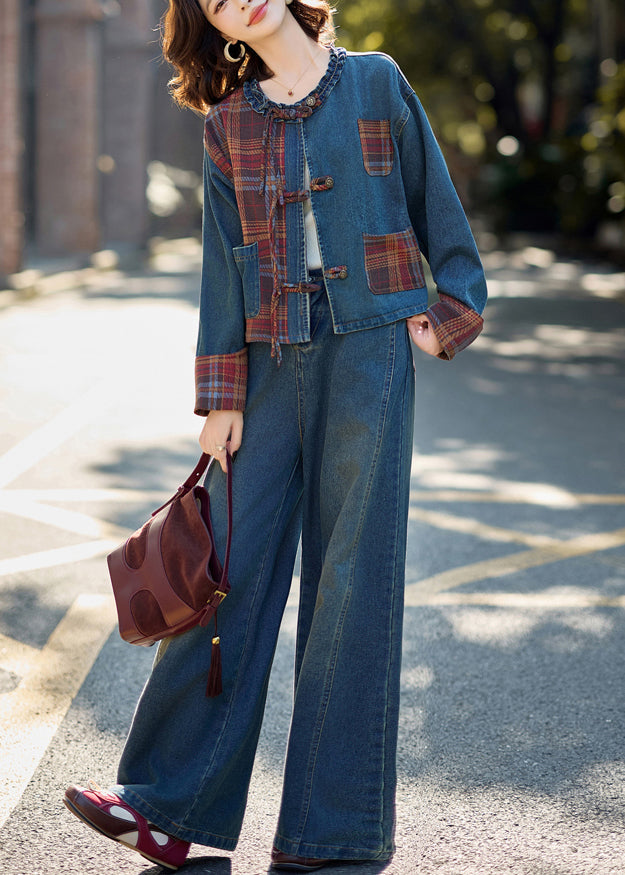 Natural Denim Blue O-Neck Patchwork Coats And Wide Leg Pants Two Pieces Set Fall