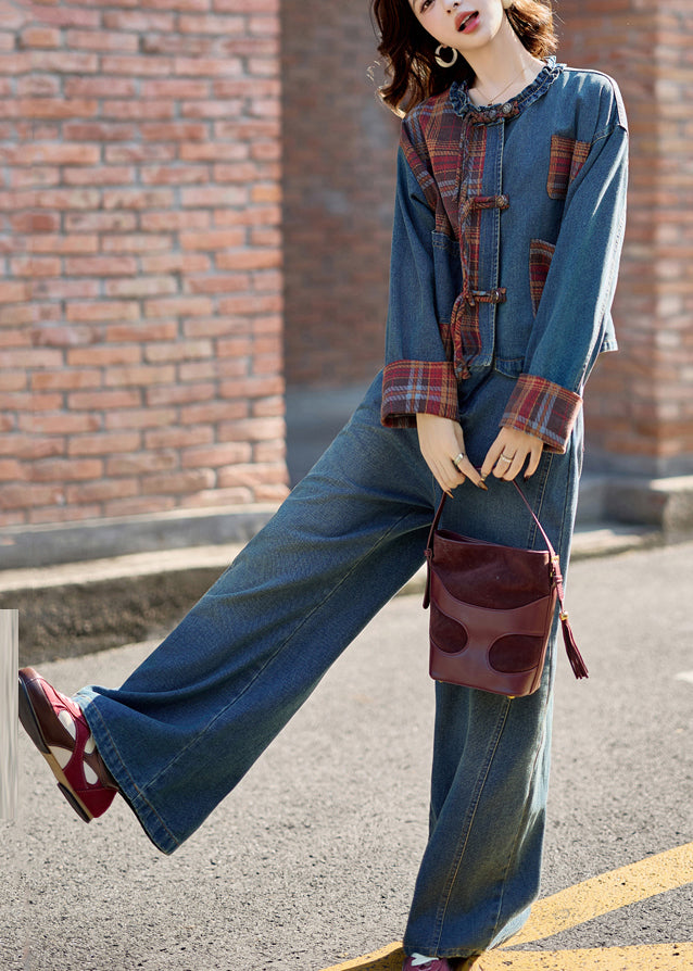 Natural Denim Blue O-Neck Patchwork Coats And Wide Leg Pants Two Pieces Set Fall