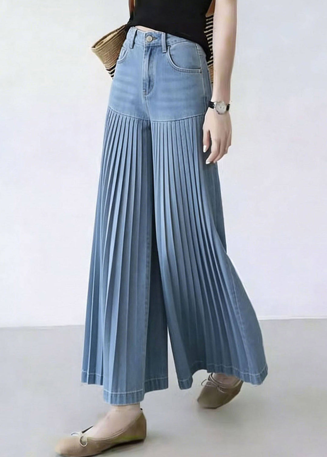 Natural Denim Blue Patchwork Wrinkled Crop Wide Leg Pants
