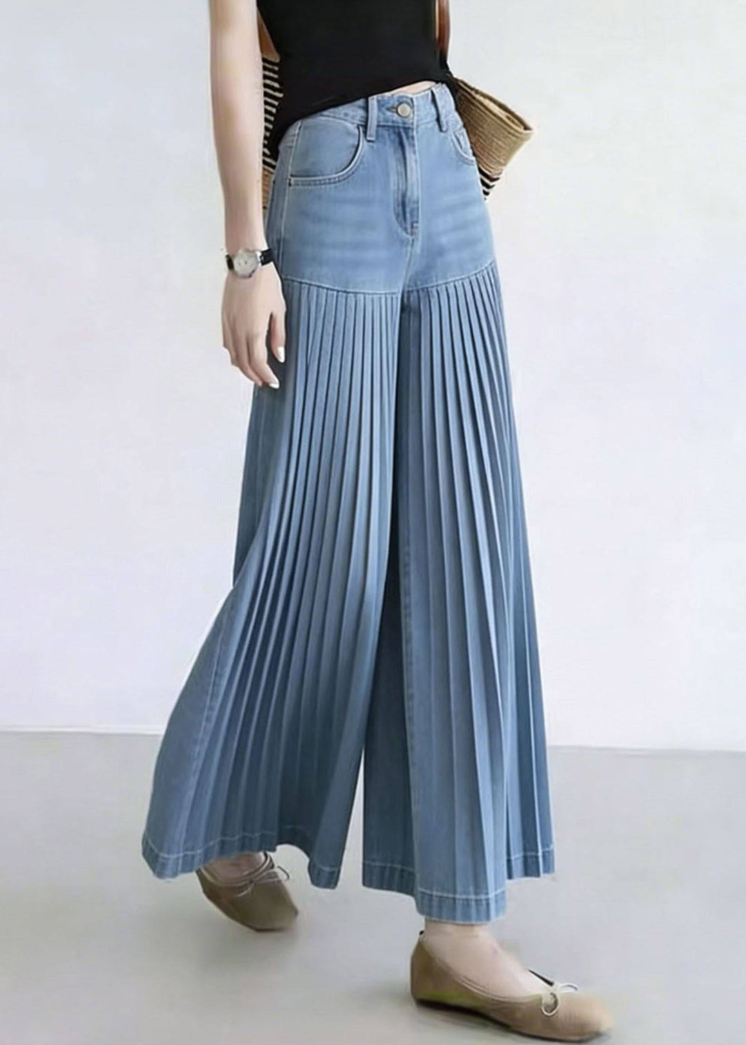 Natural Denim Blue Patchwork Wrinkled Crop Wide Leg Pants