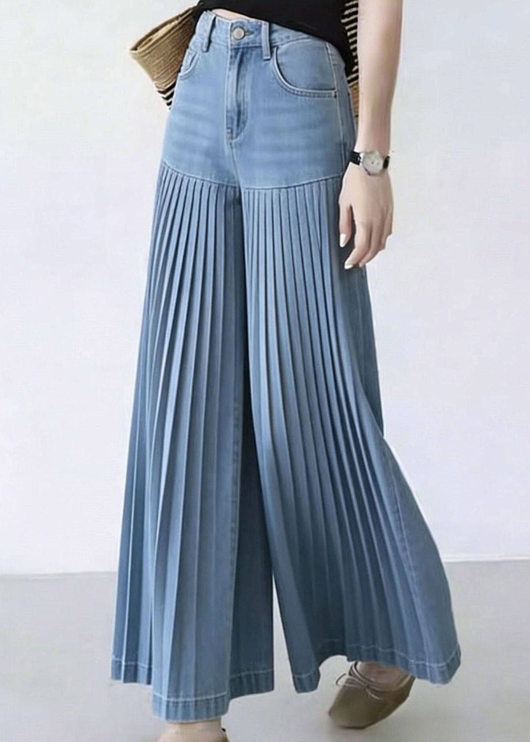 Natural Denim Blue Patchwork Wrinkled Crop Wide Leg Pants