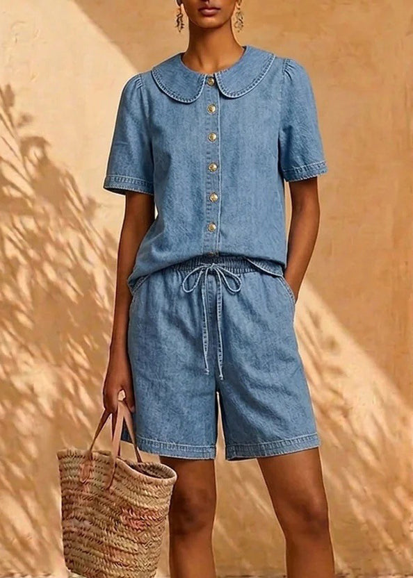 Natural Denim Blue Peter Pan Collar Shirts And Shorts Two Pieces Set Short Sleeve
