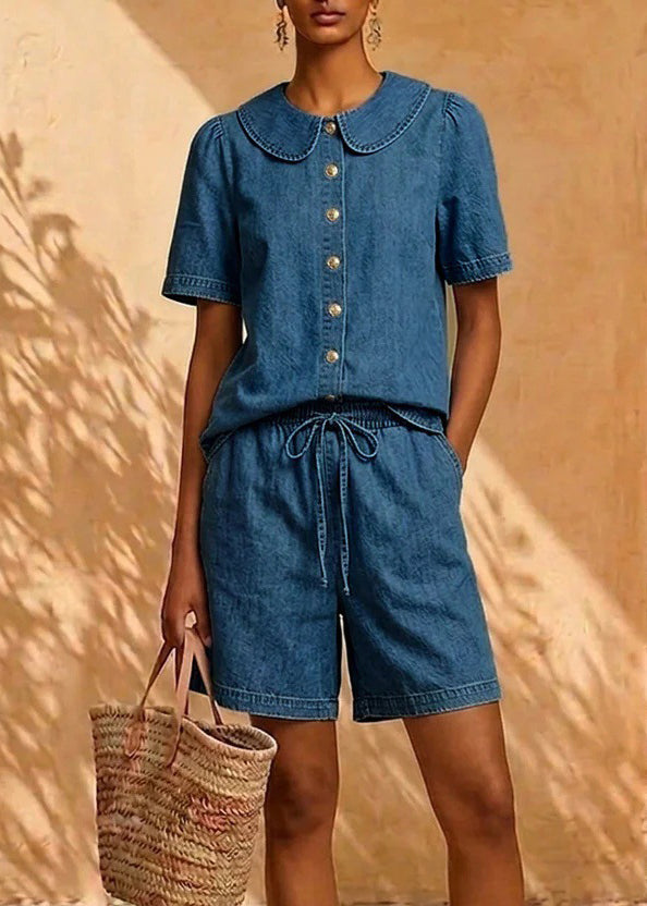 Natural Denim Blue Peter Pan Collar Shirts And Shorts Two Pieces Set Short Sleeve