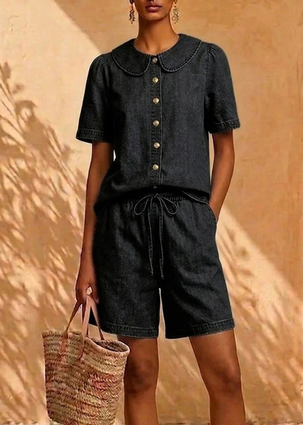 Natural Denim Blue Peter Pan Collar Shirts And Shorts Two Pieces Set Short Sleeve