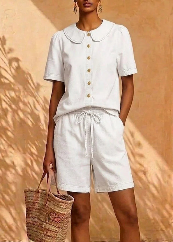 Natural Denim Blue Peter Pan Collar Shirts And Shorts Two Pieces Set Short Sleeve