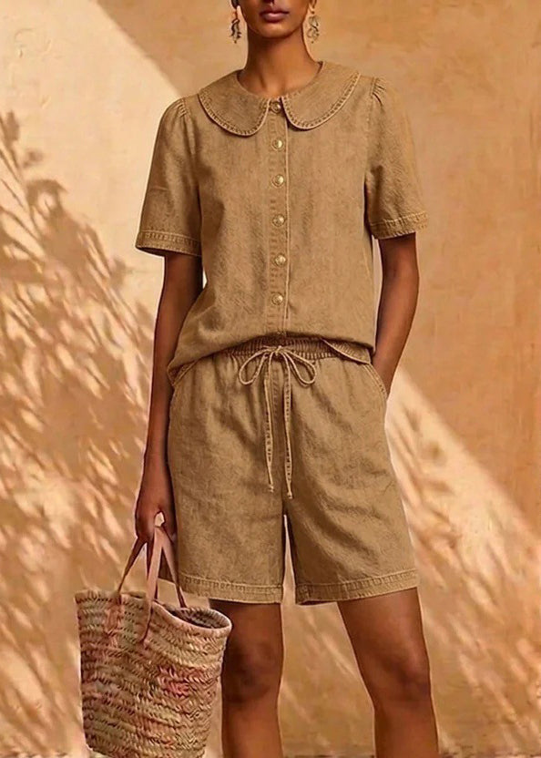 Natural Denim Blue Peter Pan Collar Shirts And Shorts Two Pieces Set Short Sleeve