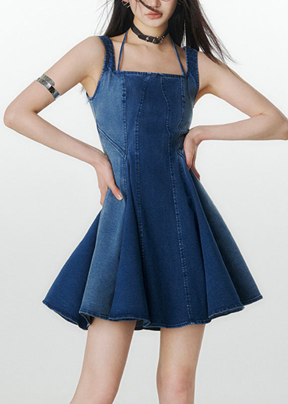 Natural Denim Navy Square Collar Patchwork Mid Spaghetti Strap Dress Summer