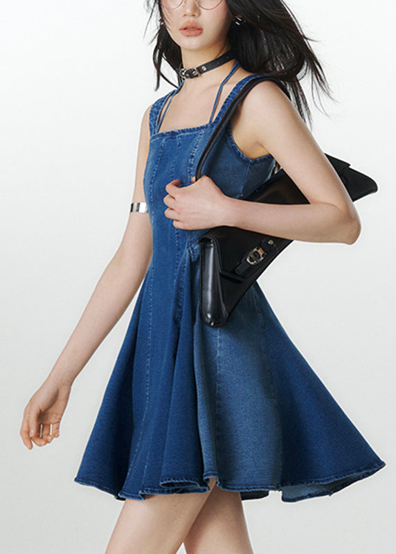 Natural Denim Navy Square Collar Patchwork Mid Spaghetti Strap Dress Summer