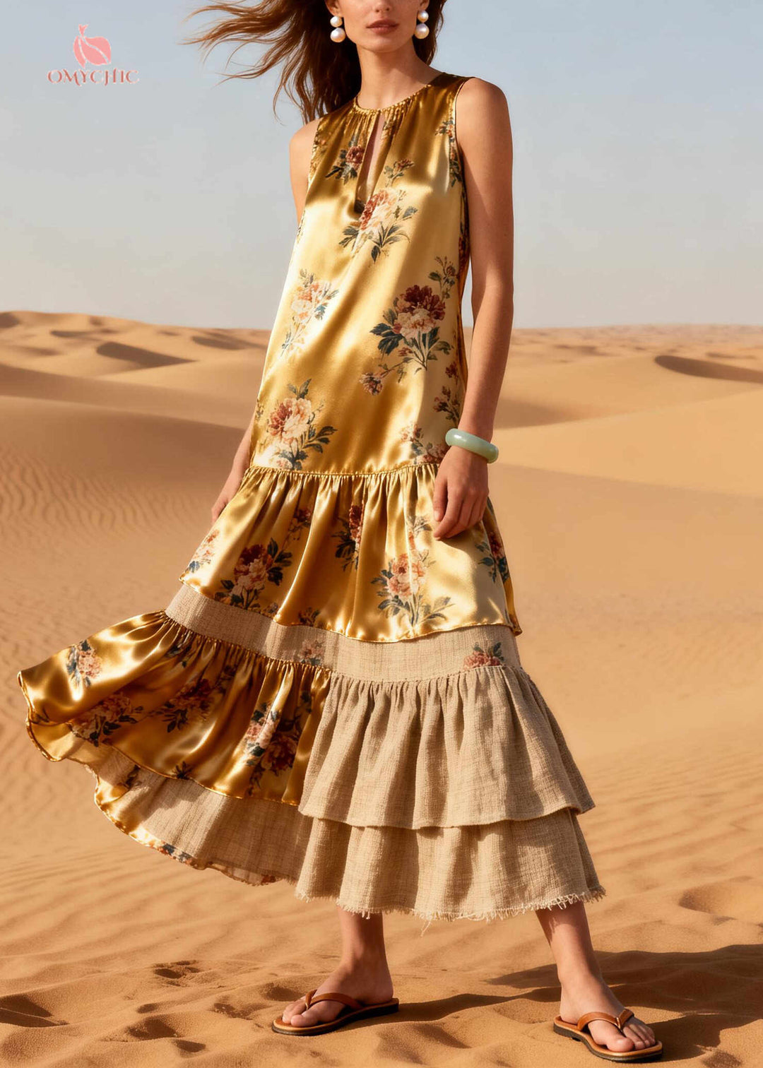 Natural Golden Asymmetrical Patchwork Print Linen Silk Maxi Dresses Sleeveless
