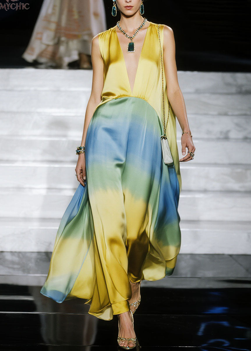Natural Gradient Color V Neck Patchwork Chiffon Dress Sleeveless