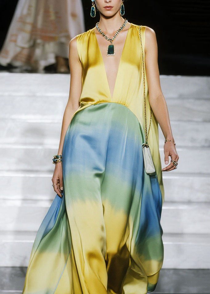 Natural Gradient Color V Neck Patchwork Chiffon Dress Sleeveless