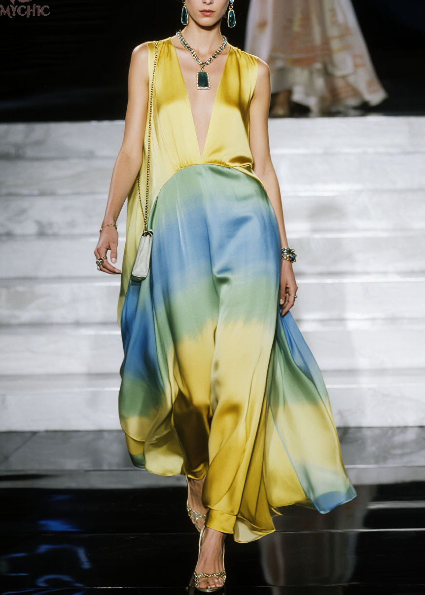 Natural Gradient Color V Neck Patchwork Chiffon Dress Sleeveless