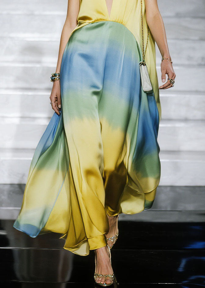 Natural Gradient Color V Neck Patchwork Chiffon Dress Sleeveless