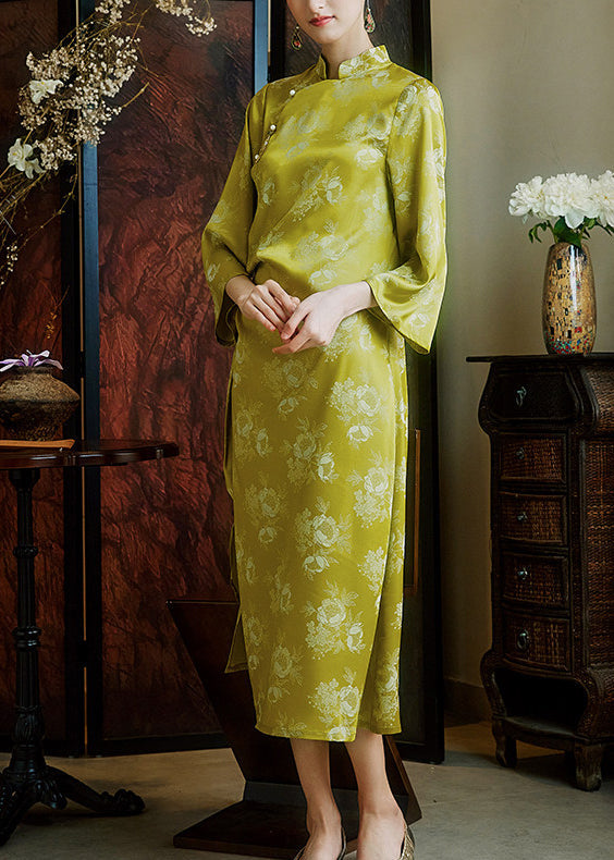 Natural Grass Green Asymmetrical Jacquard Silk Ankle Dress Summer