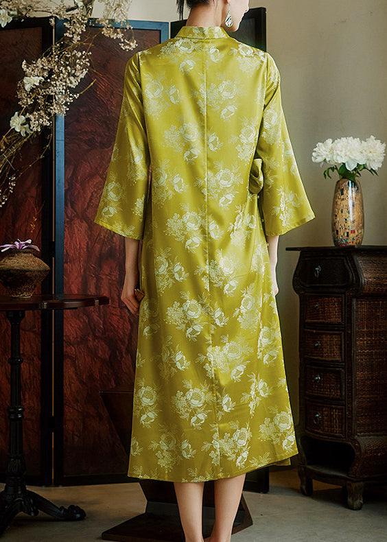Natural Grass Green Asymmetrical Jacquard Silk Ankle Dress Summer