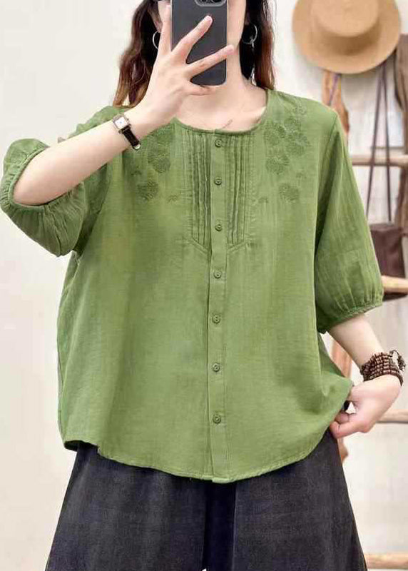Natural Grass Green Embroidered Wrinkled Shirts Half Sleeve