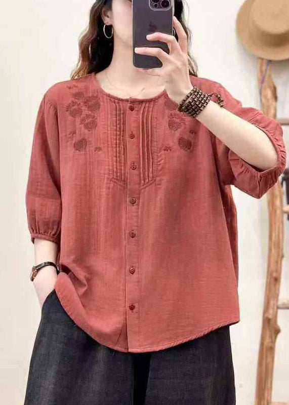 Natural Grass Green Embroidered Wrinkled Shirts Half Sleeve