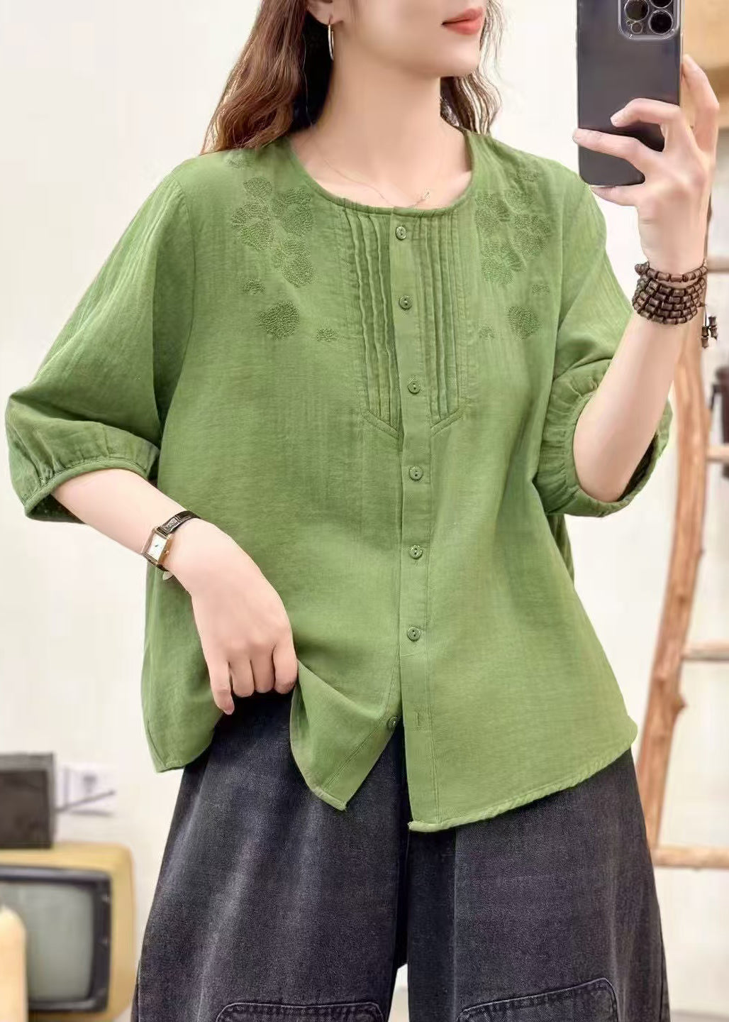Natural Grass Green Embroidered Wrinkled Shirts Half Sleeve