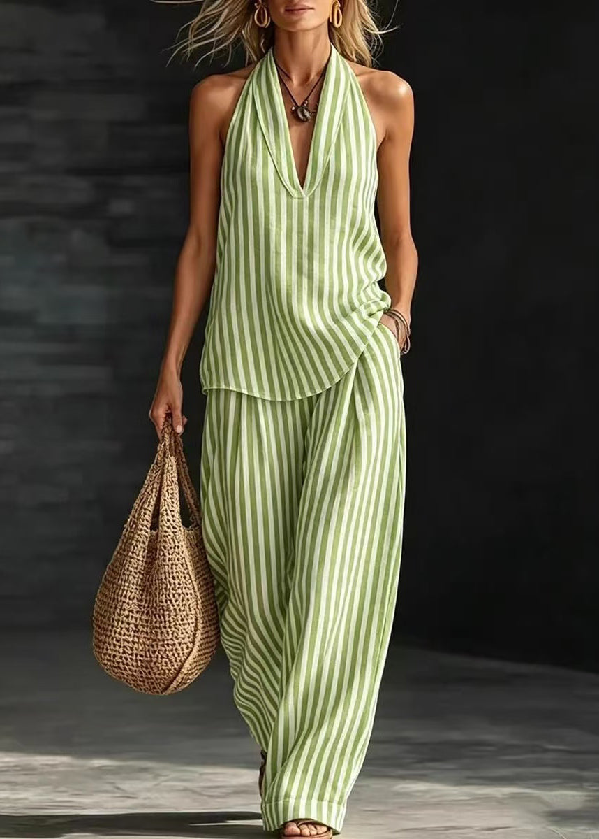 Natural Green Backless Striped Linen Halter Two Pieces Set Sleeveless