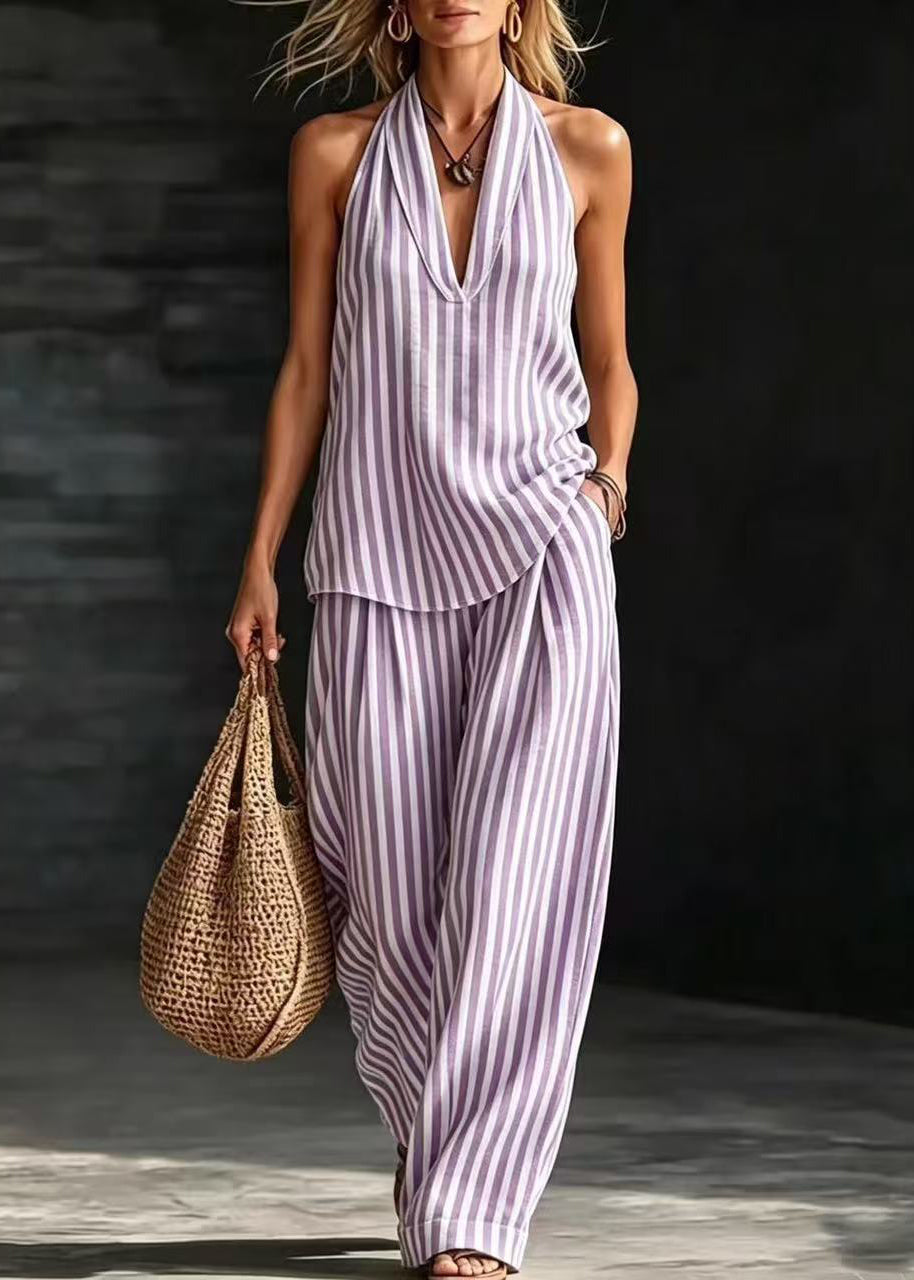 Natural Green Backless Striped Linen Halter Two Pieces Set Sleeveless