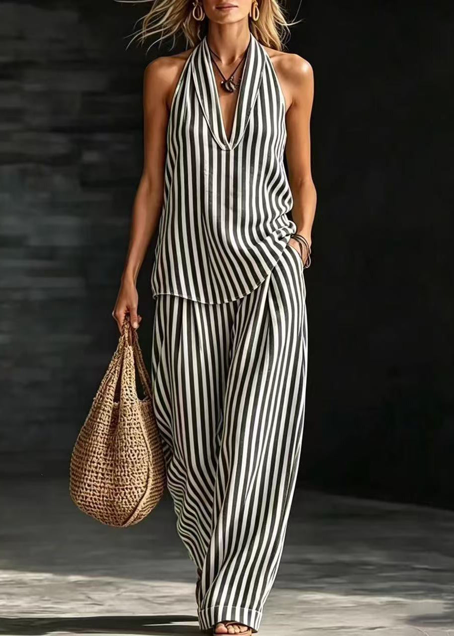 Natural Green Backless Striped Linen Halter Two Pieces Set Sleeveless