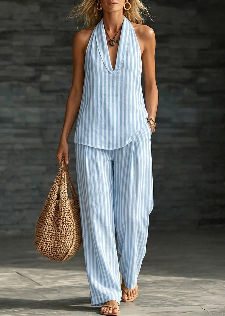 Natural Green Backless Striped Linen Halter Two Pieces Set Sleeveless
