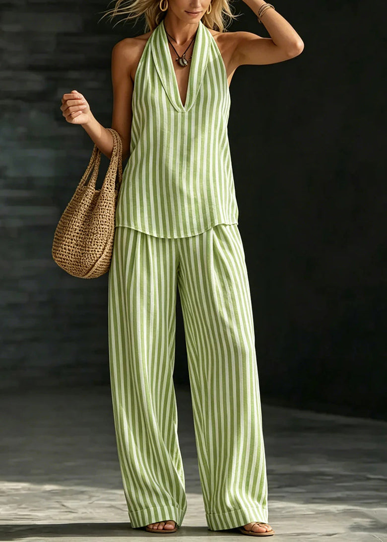 Natural Green Backless Striped Linen Halter Two Pieces Set Sleeveless