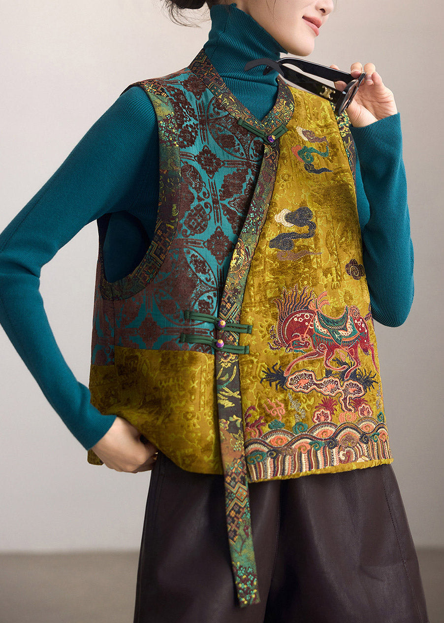 Natural Green O-Neck Asymmetrical Patchwork Waistcoat Sleeveless