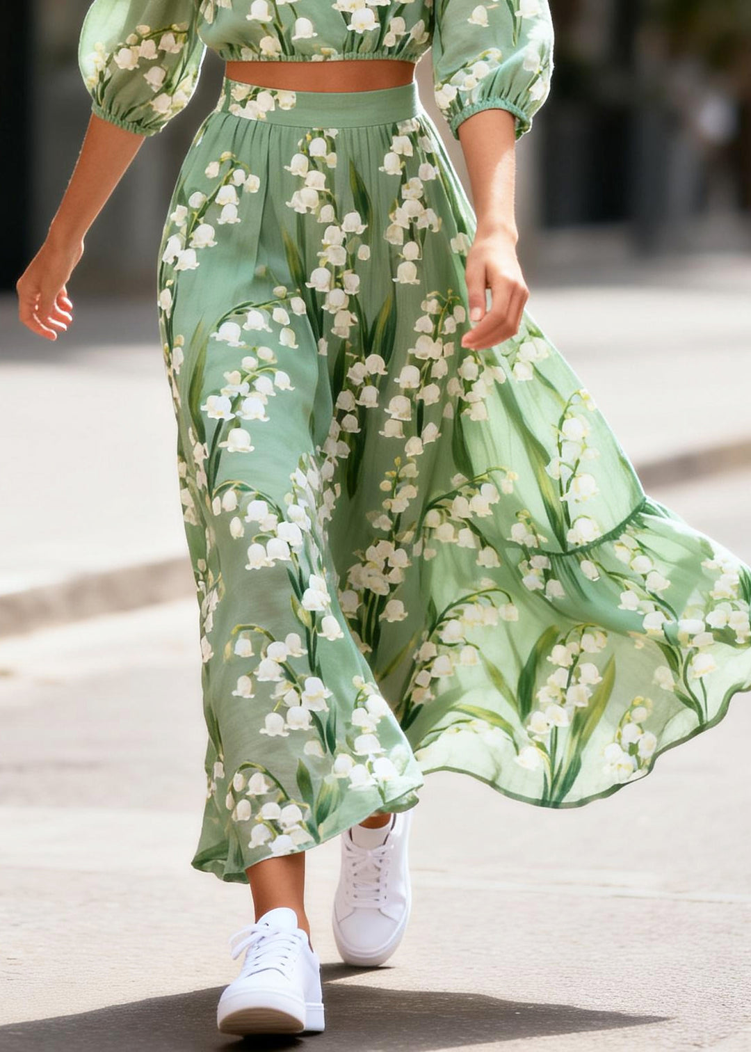 Natural Green One Shoulder Print Cotton Two Pieces Set Summer